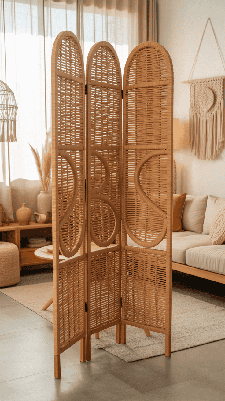 Curved rattan-style foldable divider adding natural texture in a modern boho living room.