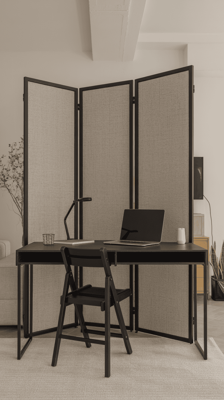 Black metal and fabric foldable divider creating a workspace zone in a modern rental.
