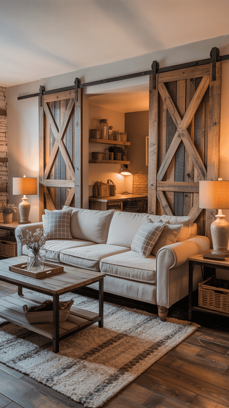 Rustic barn-door style foldable divider adding farmhouse charm in a rental apartment.
