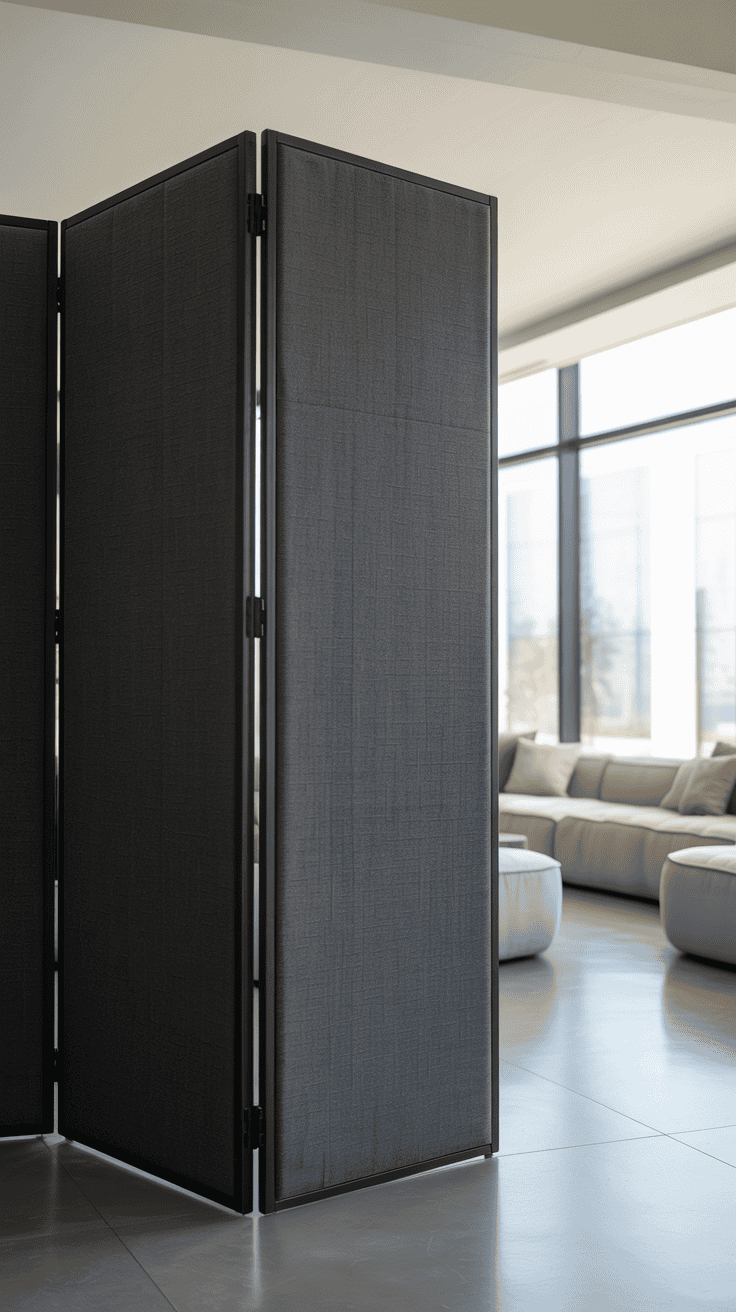 Foldable soundproof divider with dark grey fabric-covered panels in a modern living room.