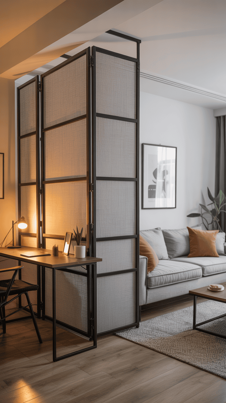Black metal and fabric foldable divider creating a workspace zone in a modern rental.