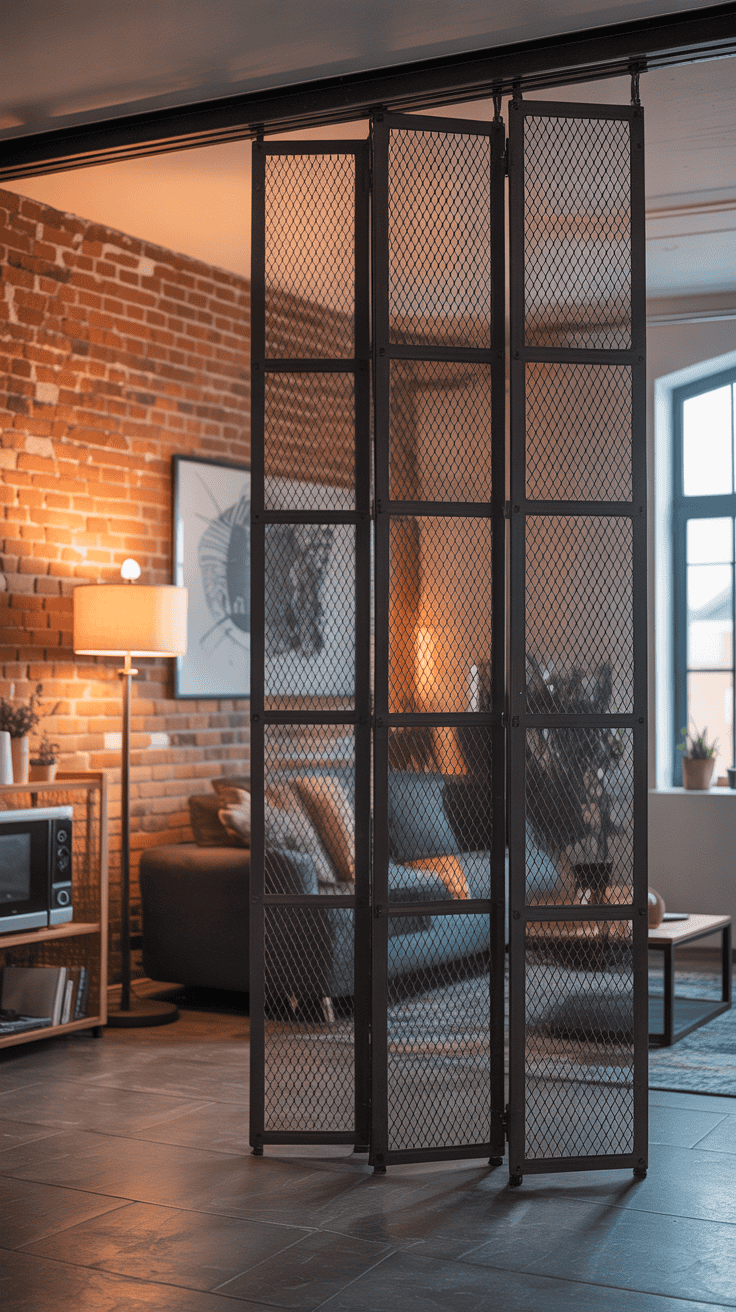 Industrial metal mesh foldable divider giving a loft-style look in a rental apartment.