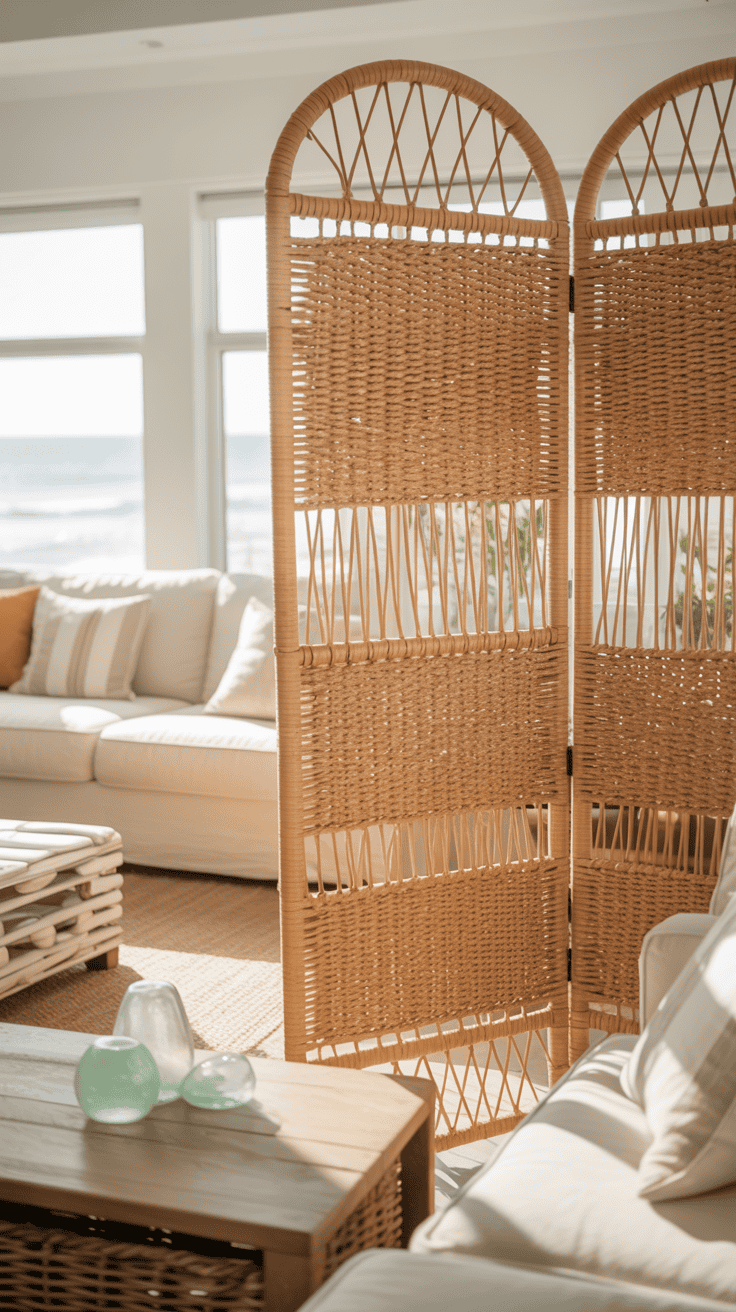 Woven seagrass foldable divider bringing natural coastal texture to a rental living room.