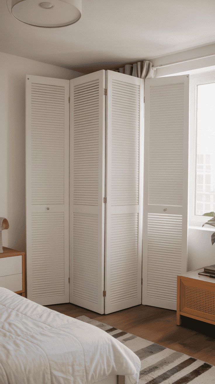 White foldable privacy panel creating separation while keeping a bedroom bright.