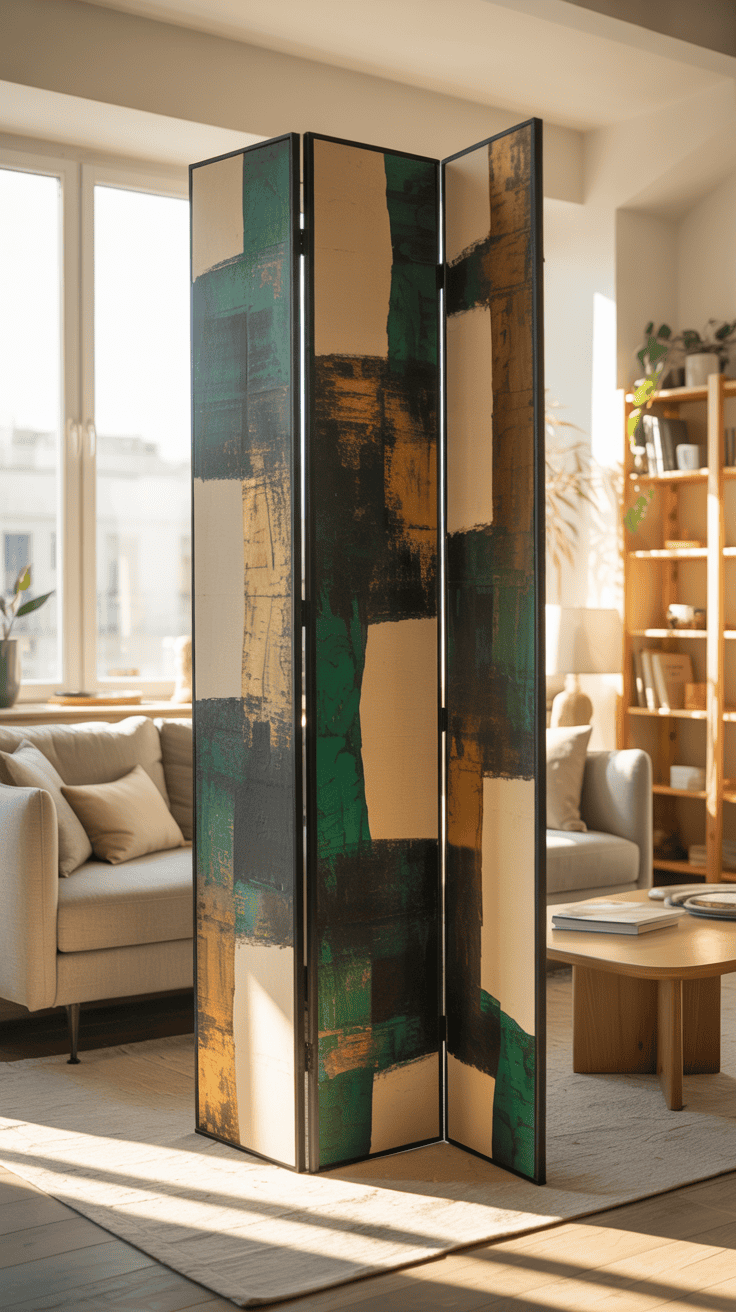 Artistic folding screen used as functional decor in a creative rental studio.