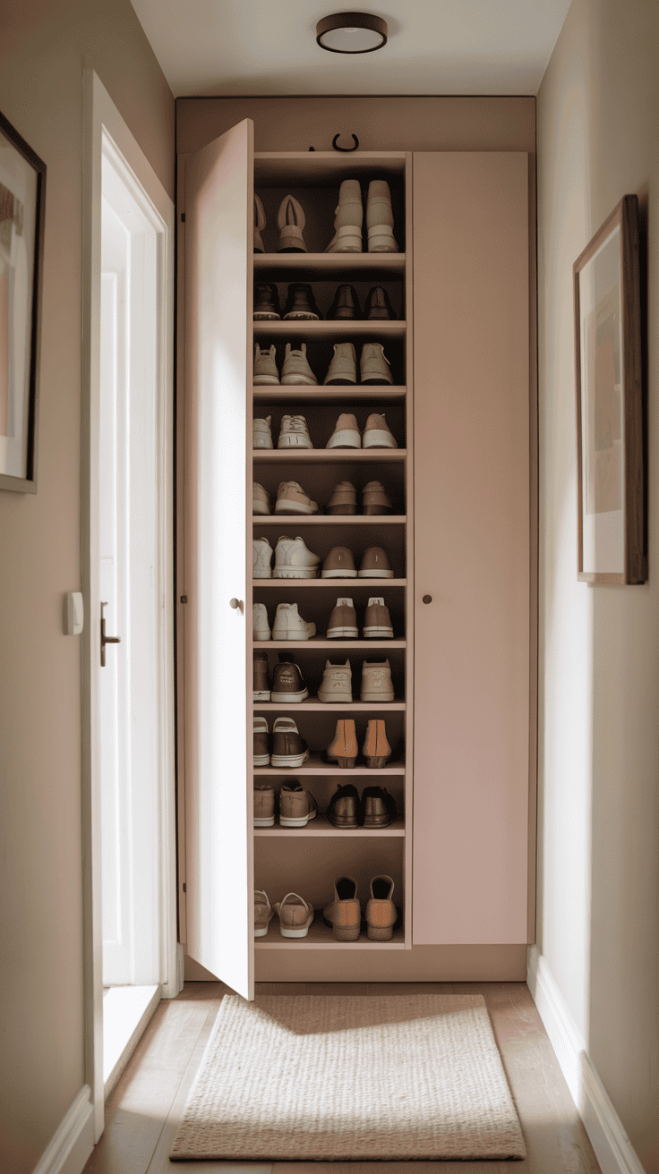 Slim pull-out shoe cabinet in a small entryway for compact shoe storage.