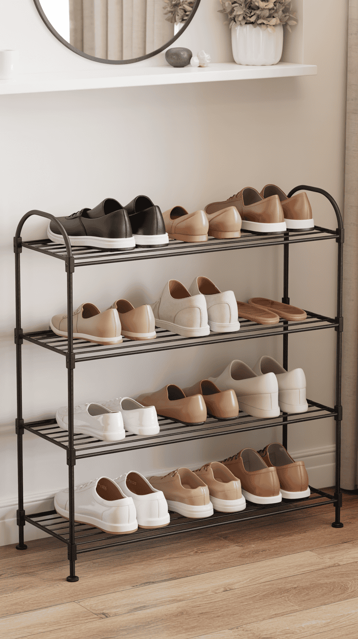 Tiered metal shoe rack storing everyday shoes in a tidy front door area.