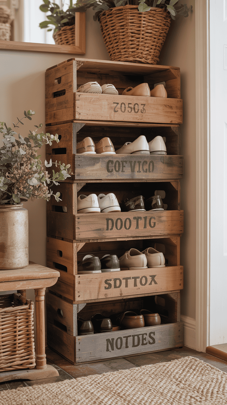 Stacked wooden crates repurposed as rustic shoe storage in an entryway.