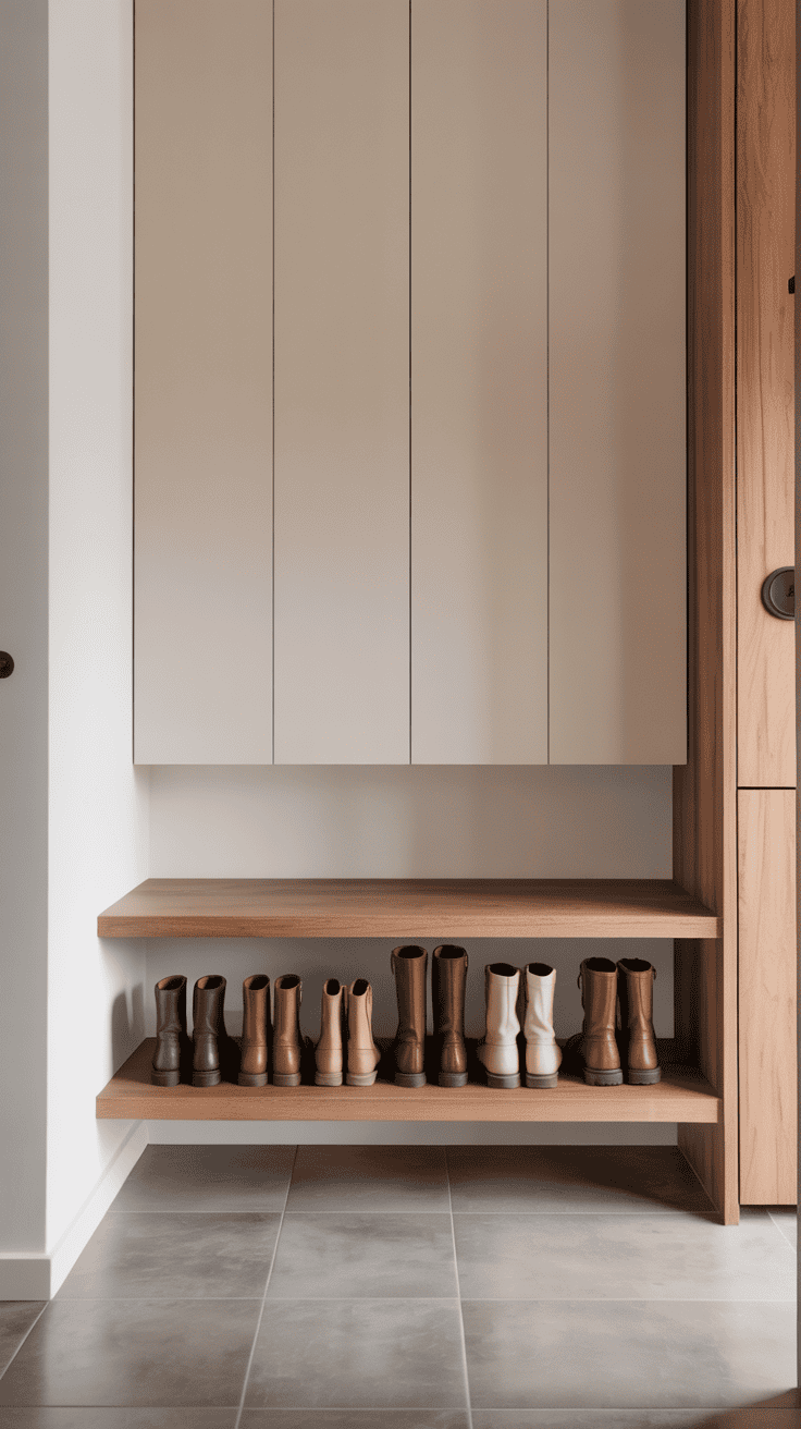 Floating shelf storing boots above floor level in an organised hallway.