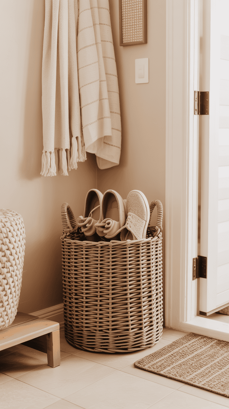 Woven storage basket used for shoes in a cosy front door entryway.
