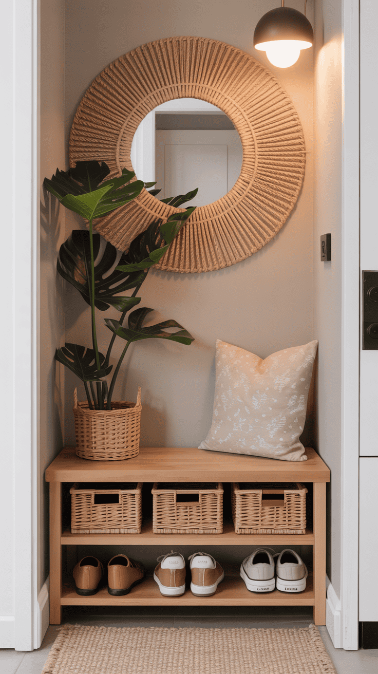 Small entryway bench with built-in shoe storage underneath.