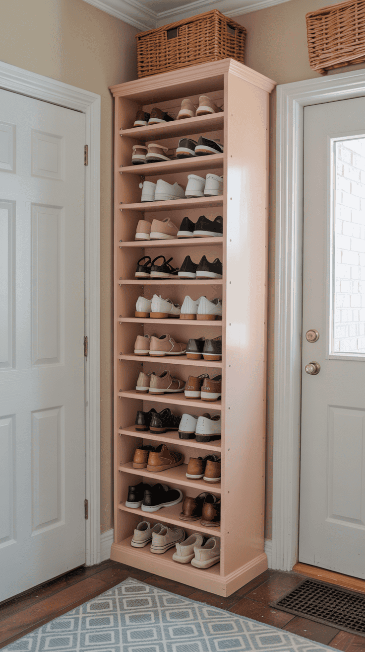 Repurposed bookshelf used as a compact shoe storage station.