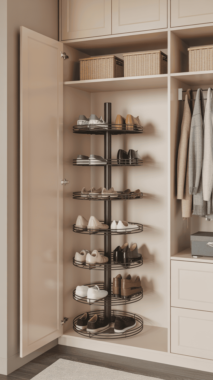 Rotating shoe carousel inside an entry cupboard for compact storage.