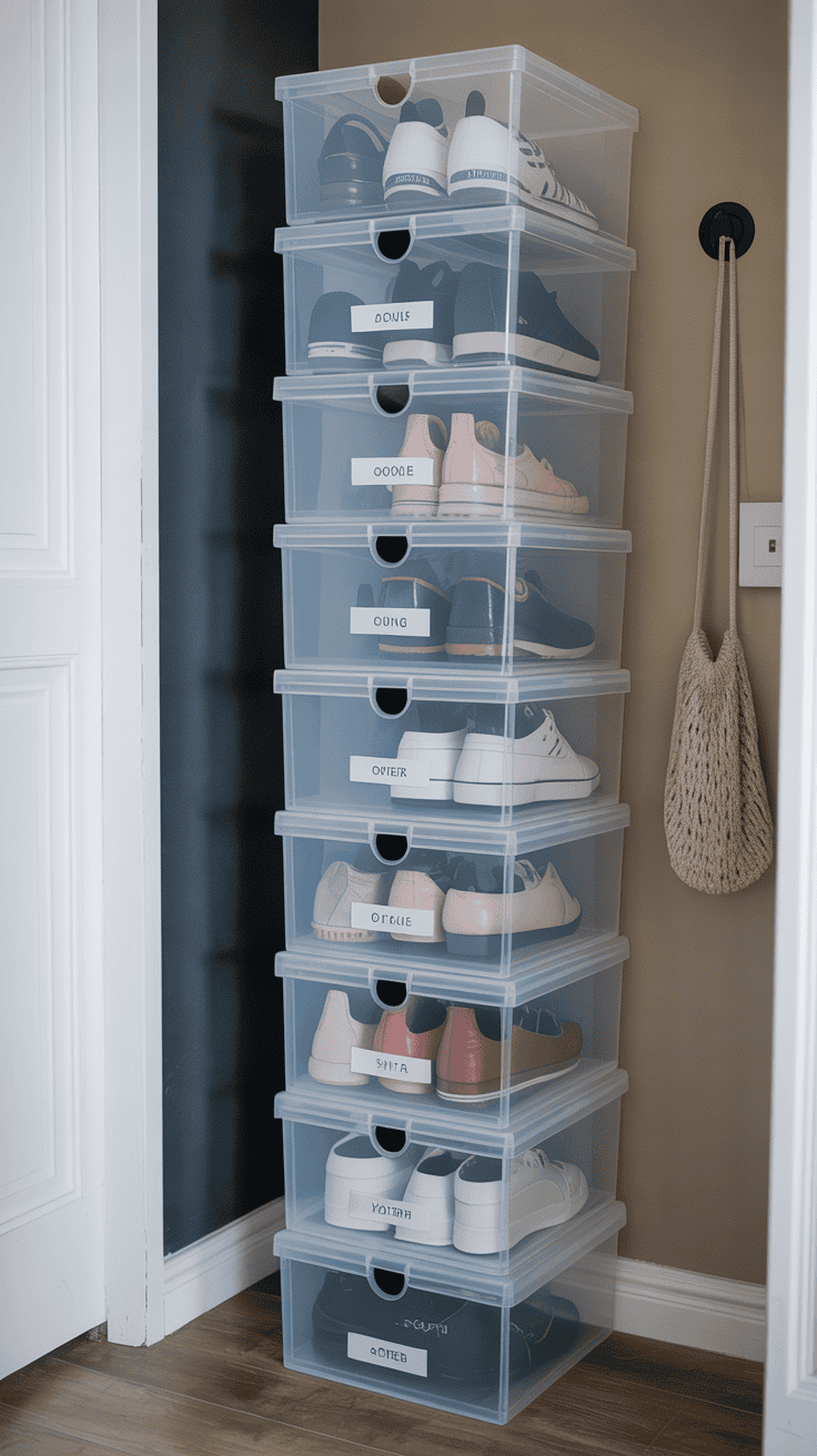 Stacked clear shoe boxes used as vertical shoe storage in a small entryway.