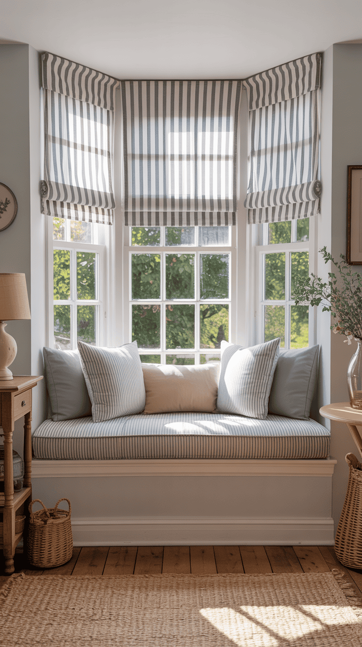 Cottage-style bay window cushion with contrast piping and striped fabric
