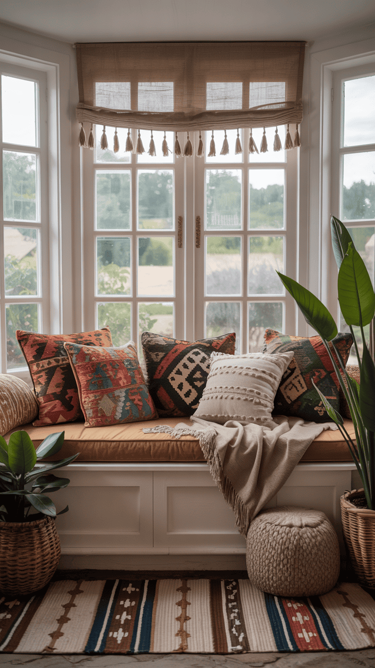 Boho bay window cushion setup with patterned pillows and earthy textures
