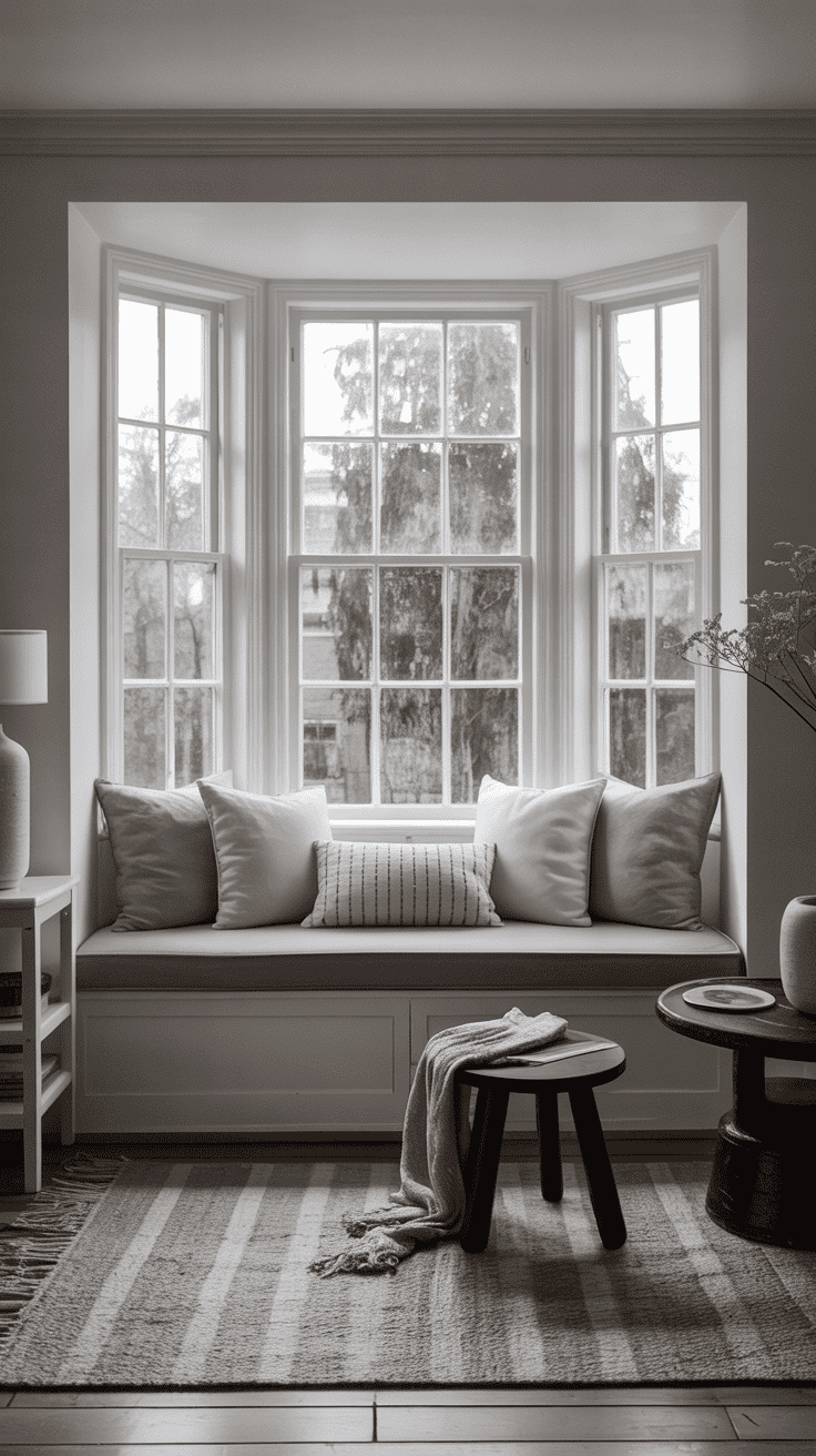 Monochrome bay window cushions styled with subtle texture variations