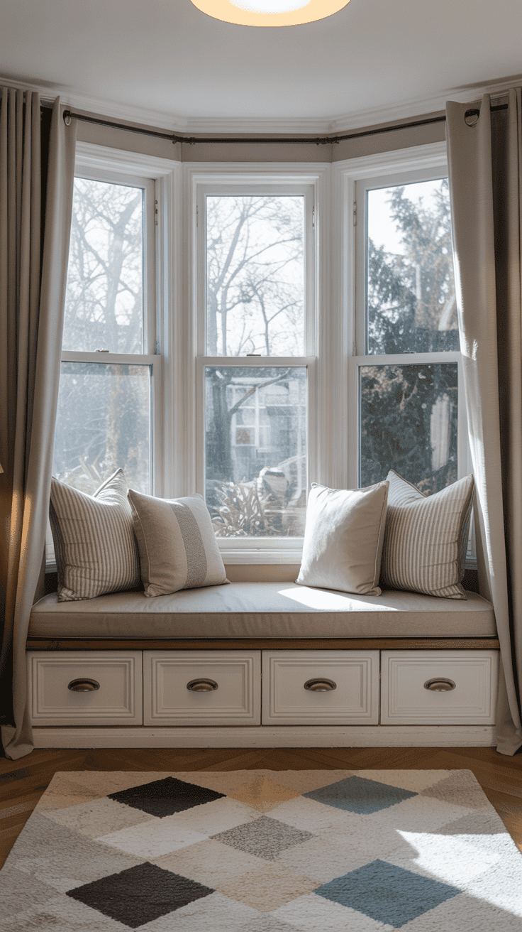Bay window seat with built-in storage and cushioned bench top