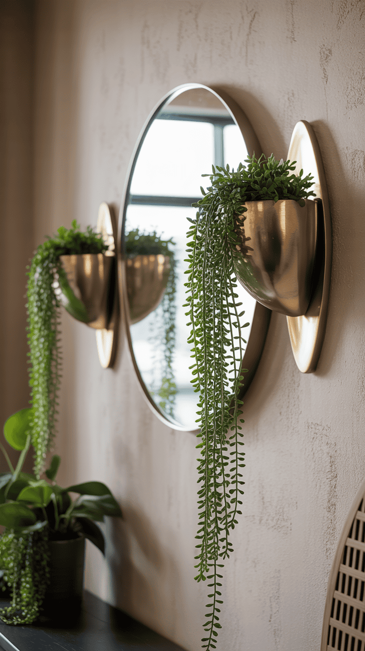 Sculptural wall sconces holding cascading pothos plants on either side of a mirror, creating a curated indoor gallery look.