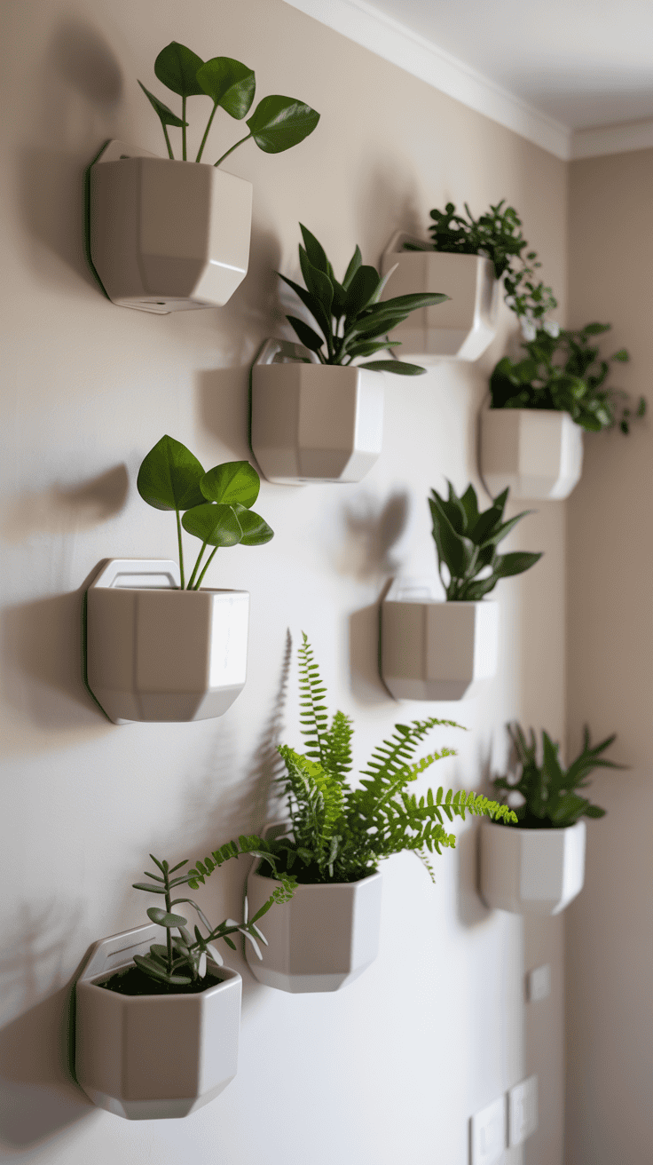 Geometric wall-mounted planters arranged in a grid with low-profile green plants for a modern minimalist look.