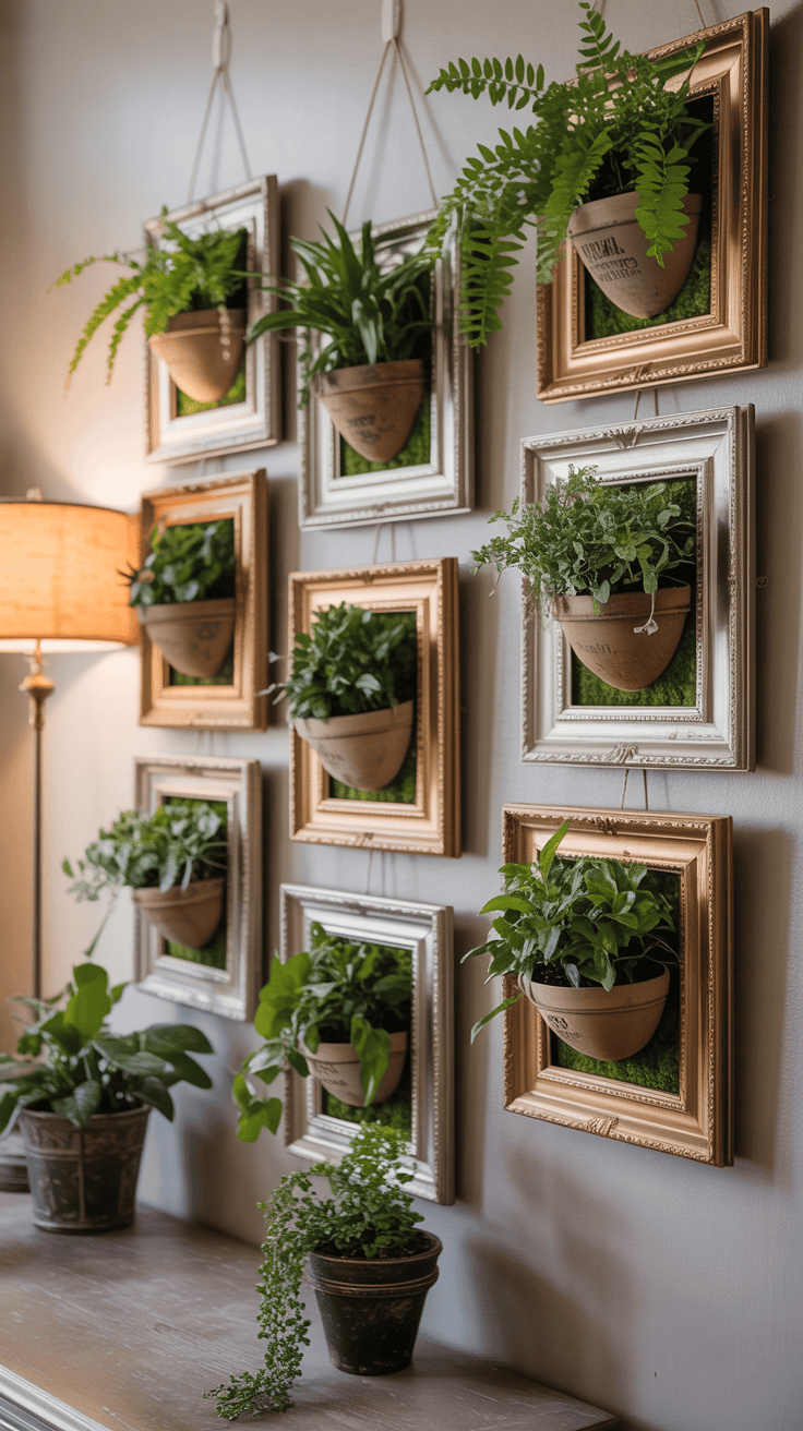 Vintage picture frames repurposed as wall planters, creating a living botanical gallery with trailing greenery.