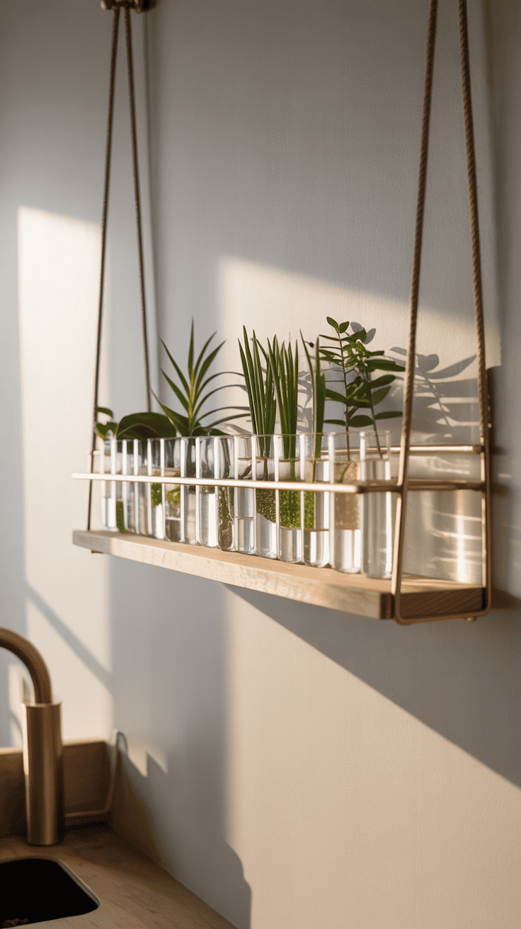 Minimal wall bar shelf with suspended glass planters used for plant propagation and modern wall decor.