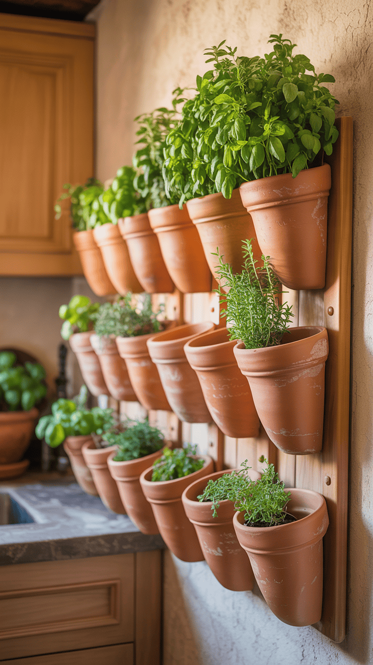 Terracotta wall-mounted planter pockets holding herbs, creating a warm Mediterranean-inspired indoor garden.
