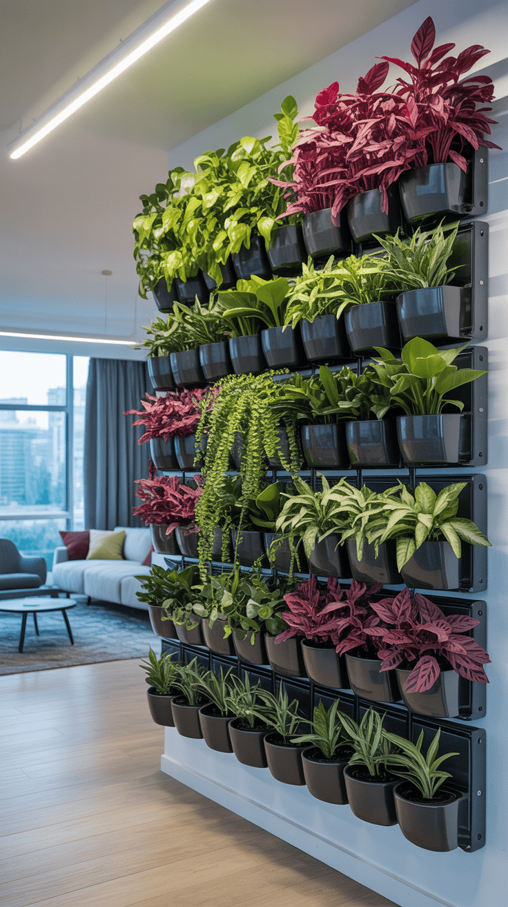 Modular wall-mounted plant panels with removable pots, creating a flexible and customizable living wall.