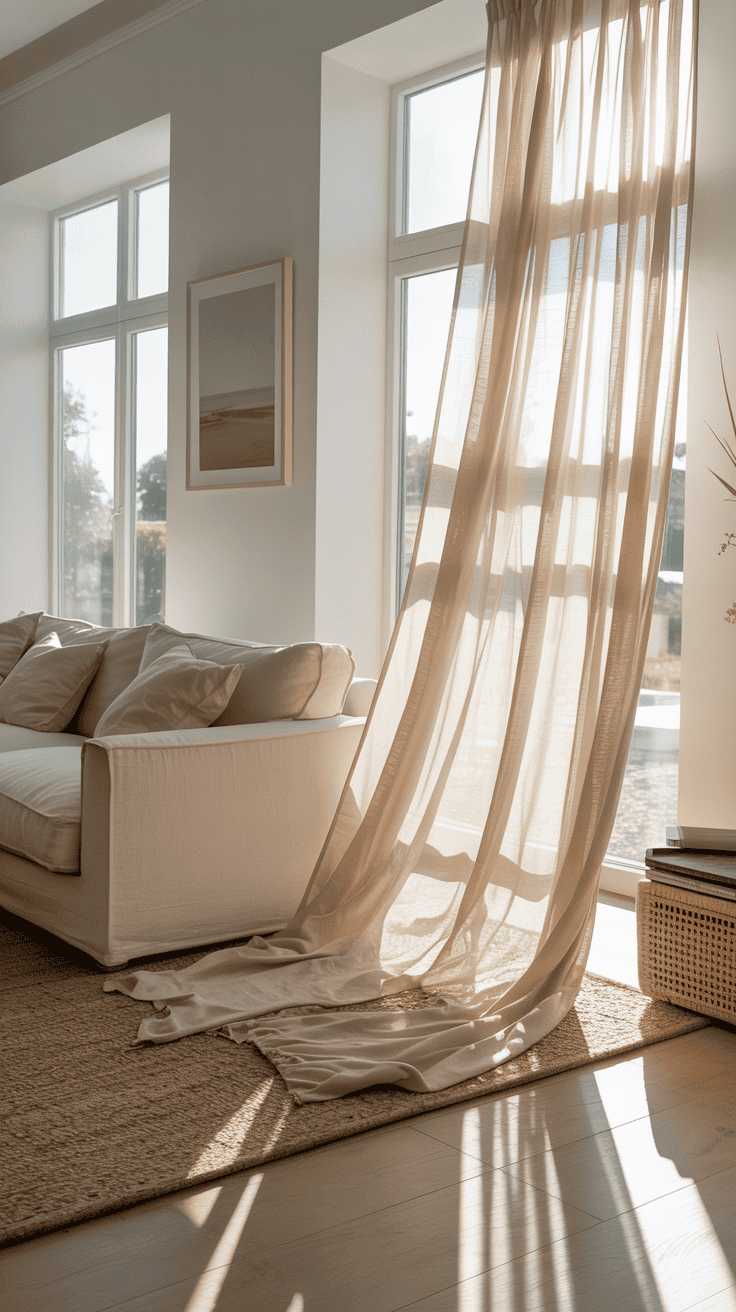 Sheer linen curtains filtering sunlight in a bright coastal living room with soft neutral tones.