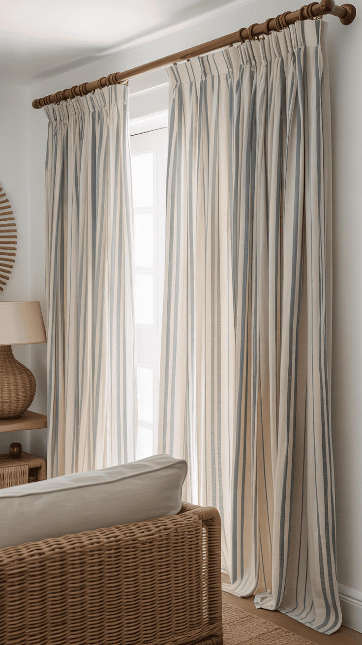 Striped cotton curtains in soft nautical neutrals adding pattern to a coastal living space.