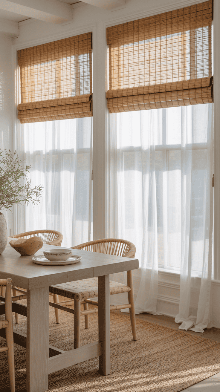 Woven Roman shades layered with sheer curtains in a light-filled coastal room.