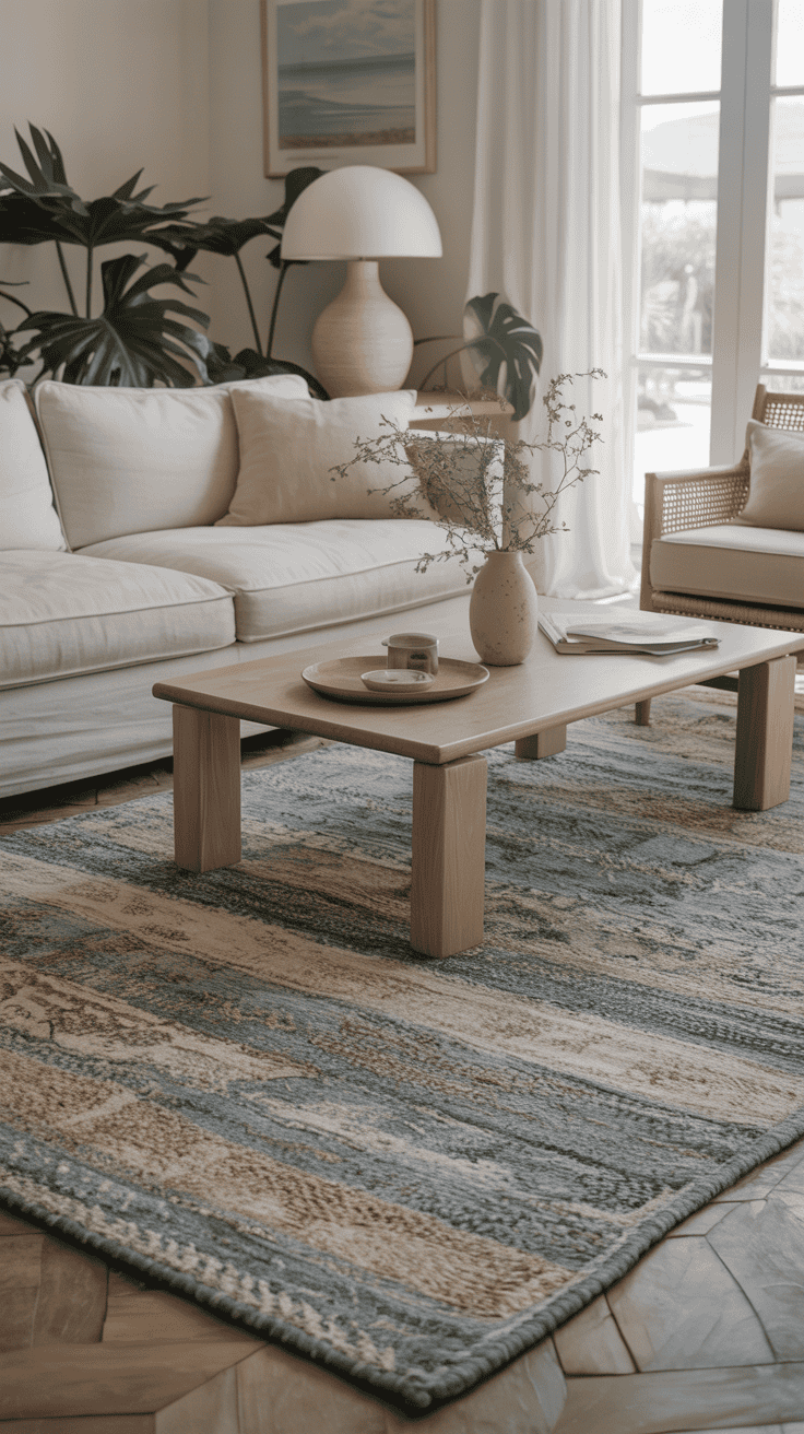 Flatweave coastal rug in soft blue and neutral tones grounding a bright living room.