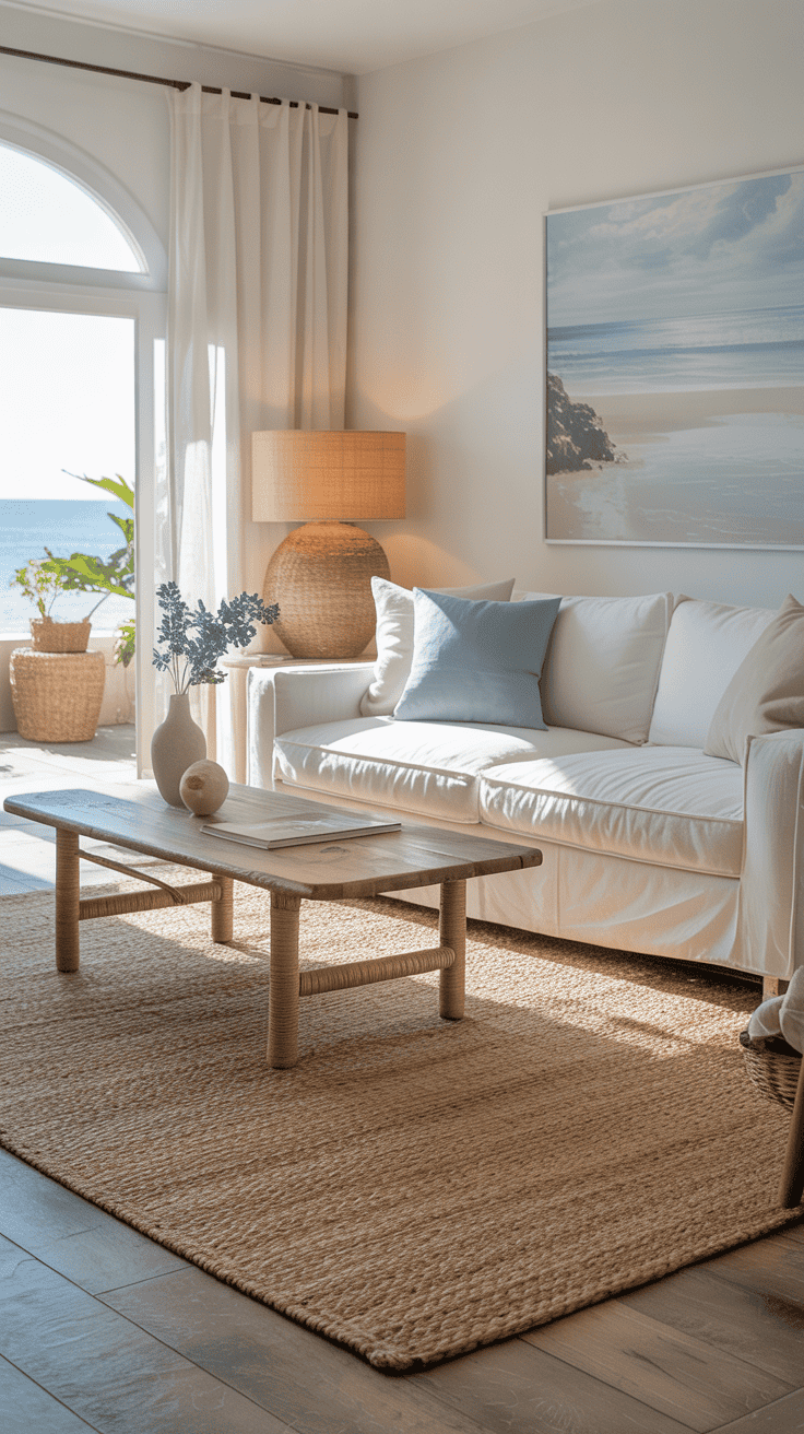 Natural jute rug adding organic texture to a coastal chic living room.