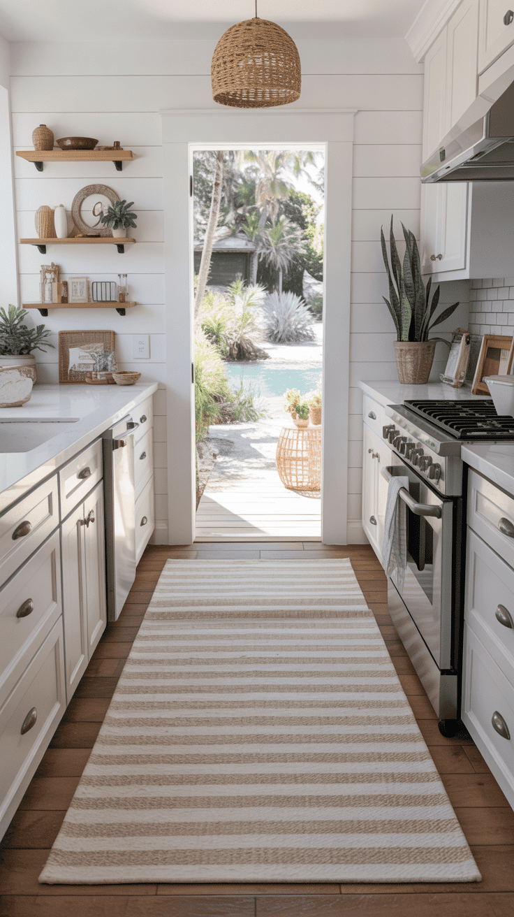 Indoor-outdoor coastal rug in a bright entryway designed for easy cleaning.