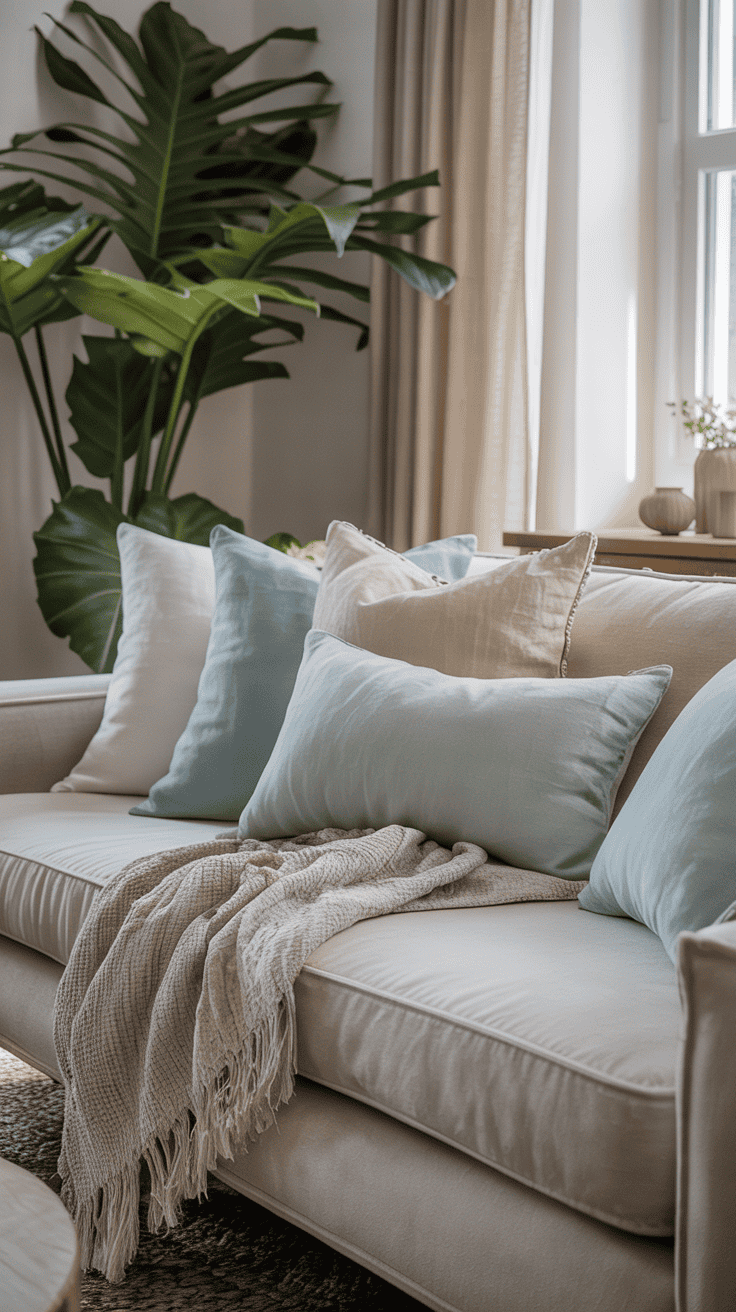Linen throw pillows in soft coastal shades styled on a neutral sofa.