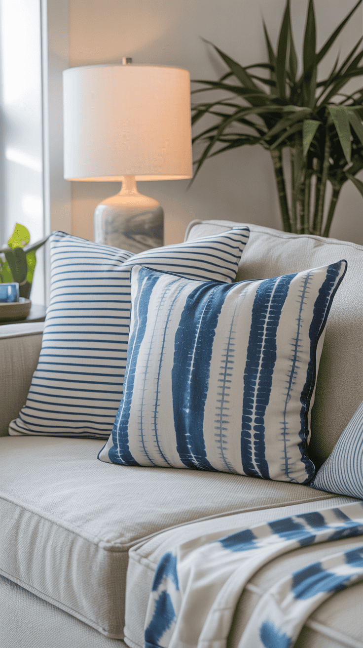 Coastal patterned throw pillows with stripes and shibori designs on a neutral sofa.