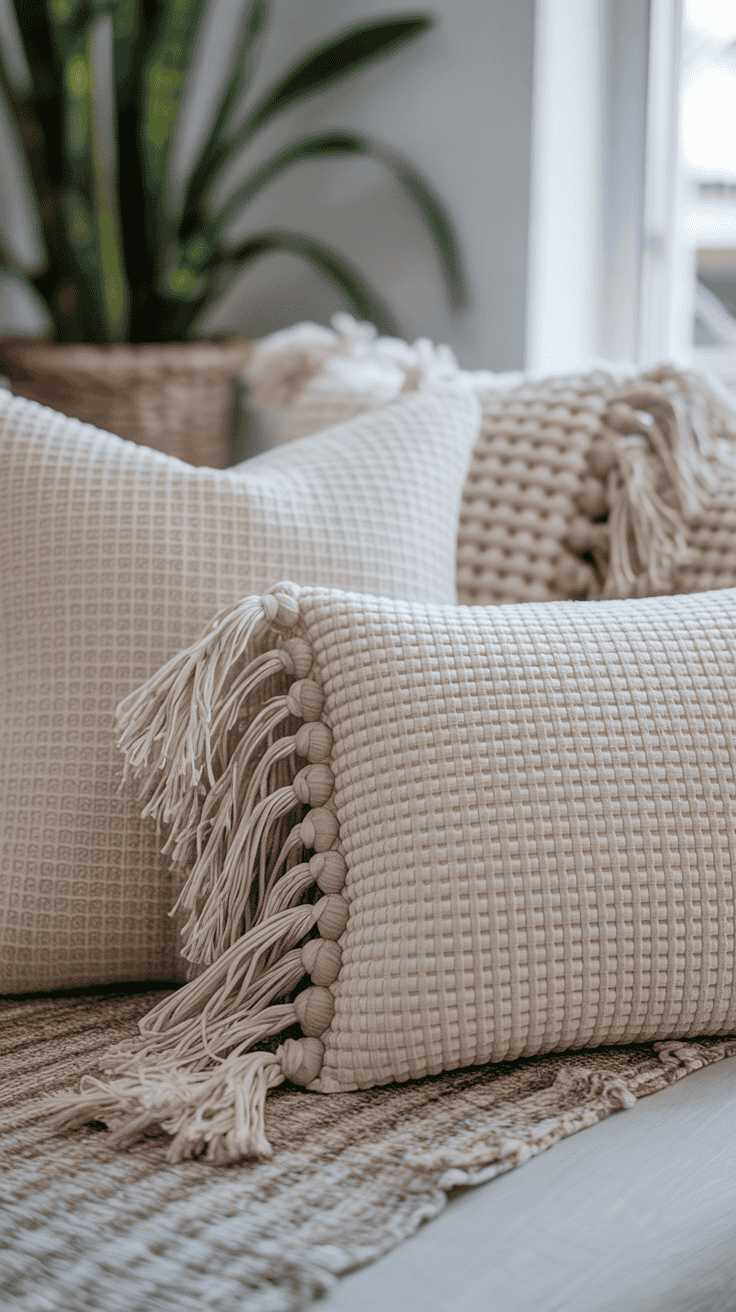 Textured coastal throw pillows with bouclé, waffle weave, and fringe details.