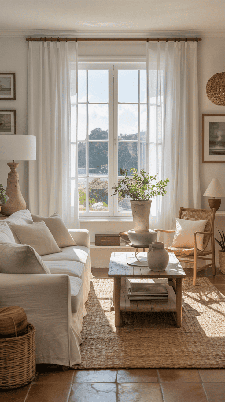 Washable cotton-linen curtains hanging in a relaxed coastal living room.