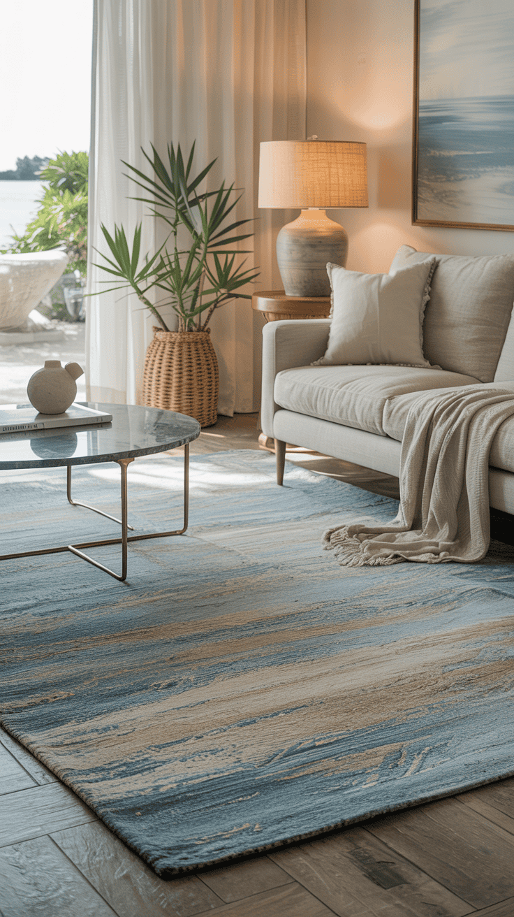 Soft blue and sand-toned area rug anchoring a coastal living room layout.