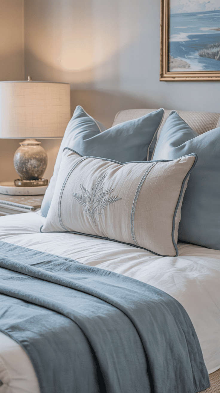 Statement coastal lumbar pillow tying together a soft neutral room palette.