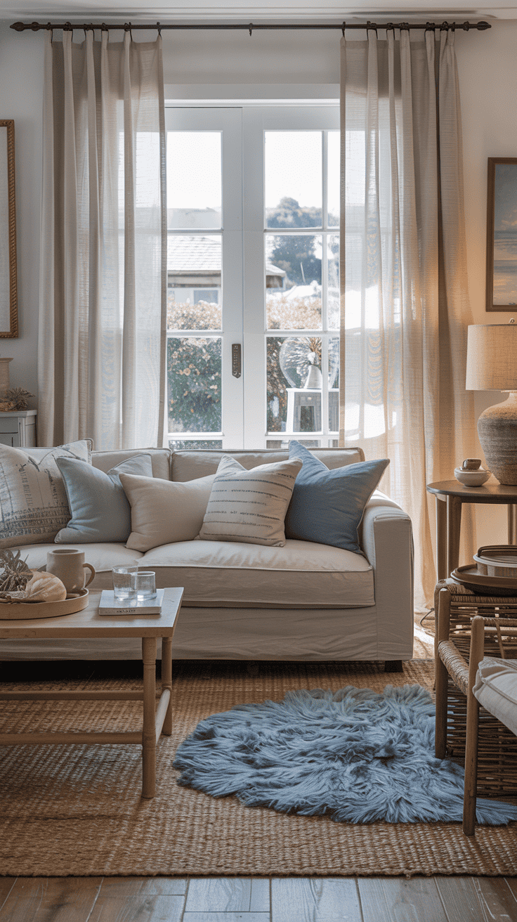 Layered coastal decor featuring linen curtains, jute rug, and soft blue throw pillows in a bright living room.