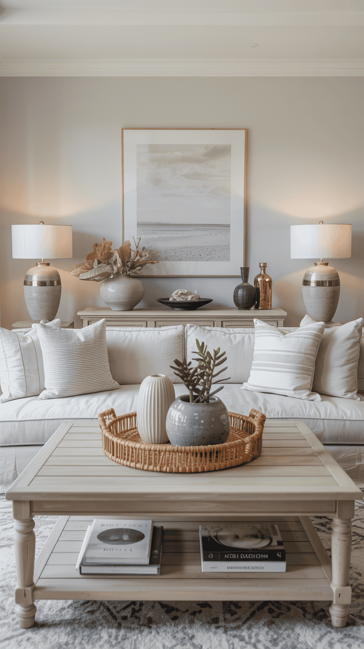 Coastal chic living room styled with subtle decor accents and a soft neutral color palette.