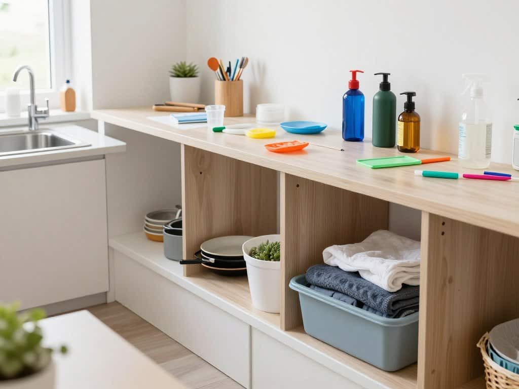Items scattered across surfaces without designated storage spaces