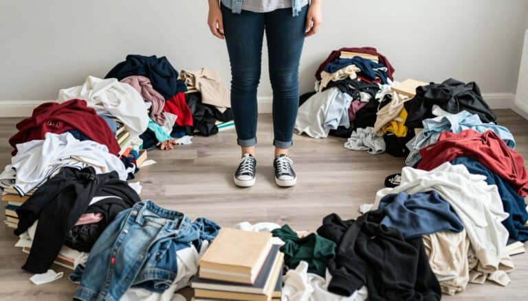 Person looking overwhelmed by piles of items pulled out for decluttering