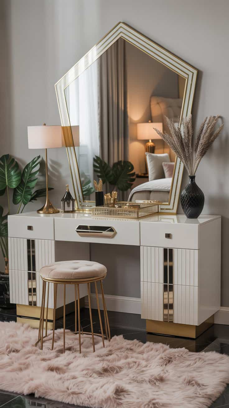 Art Deco-inspired vanity with clean lines and geometric vintage accessories
