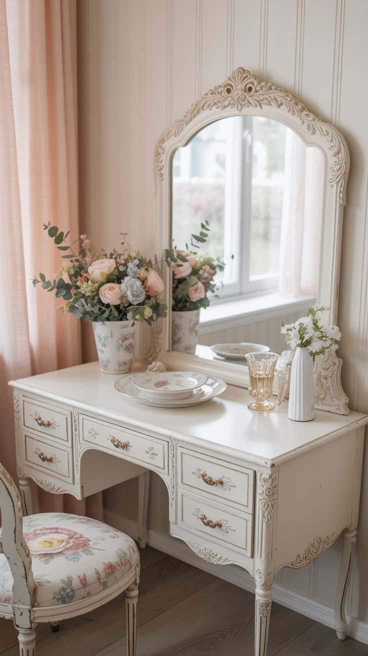 Cottage-style vintage vanity decorated with soft florals and porcelain accessories
