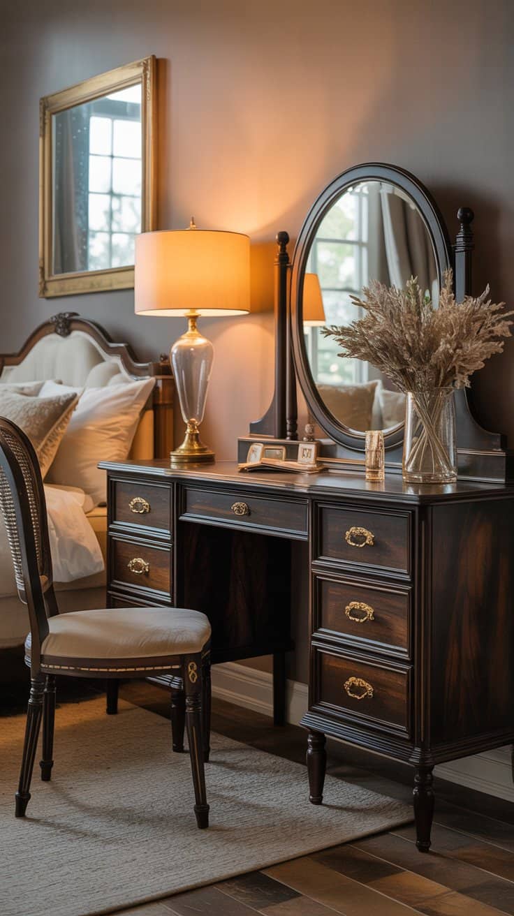 Dark wood vintage vanity with brass hardware styled in a warm, elegant bedroom
