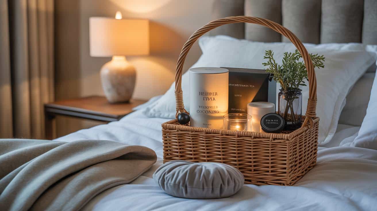 Wind-down hamper including a cashmere throw, herbal tea, satin pillowcase, and aromatherapy roller.