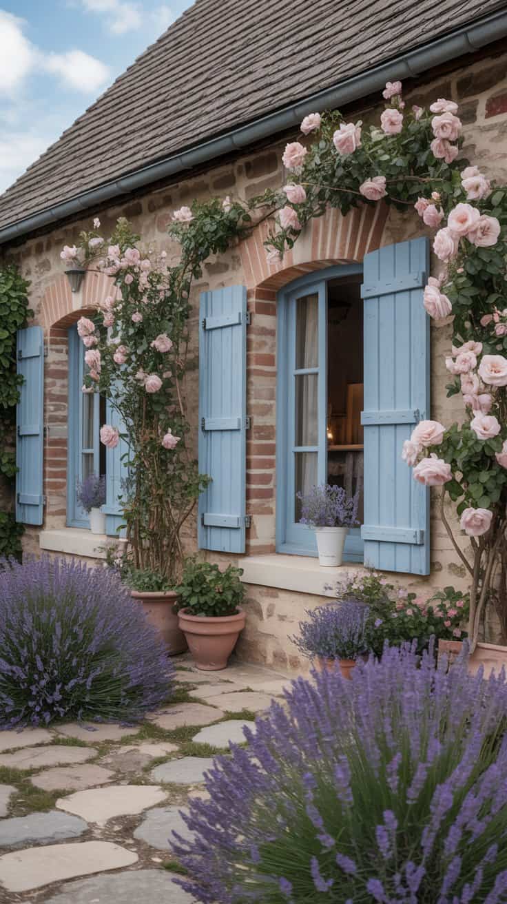 French cottage with blue shutters surrounded by roses and lavender.
