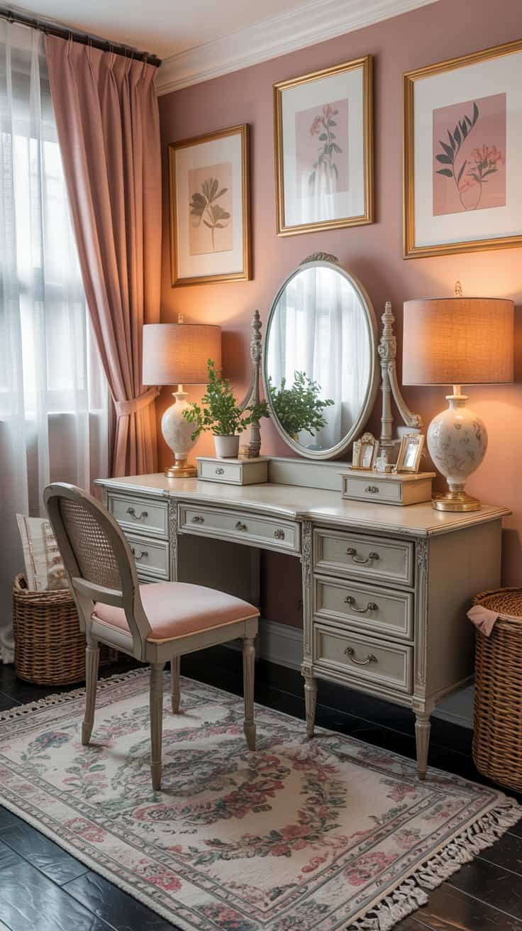Vintage vanity anchoring a full dressing area with layered rugs and elegant decor